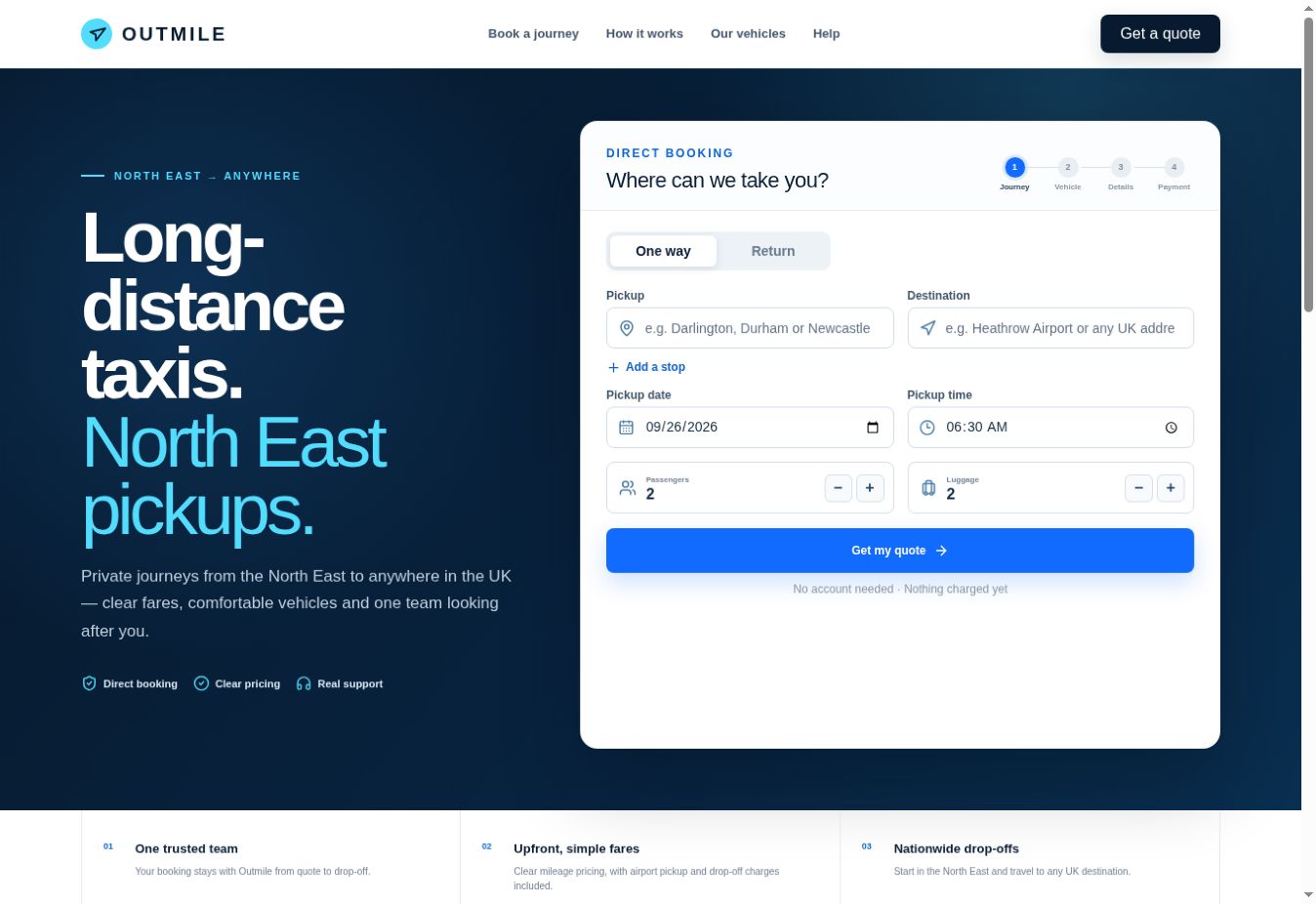Outmile homepage showing its journey enquiry interface